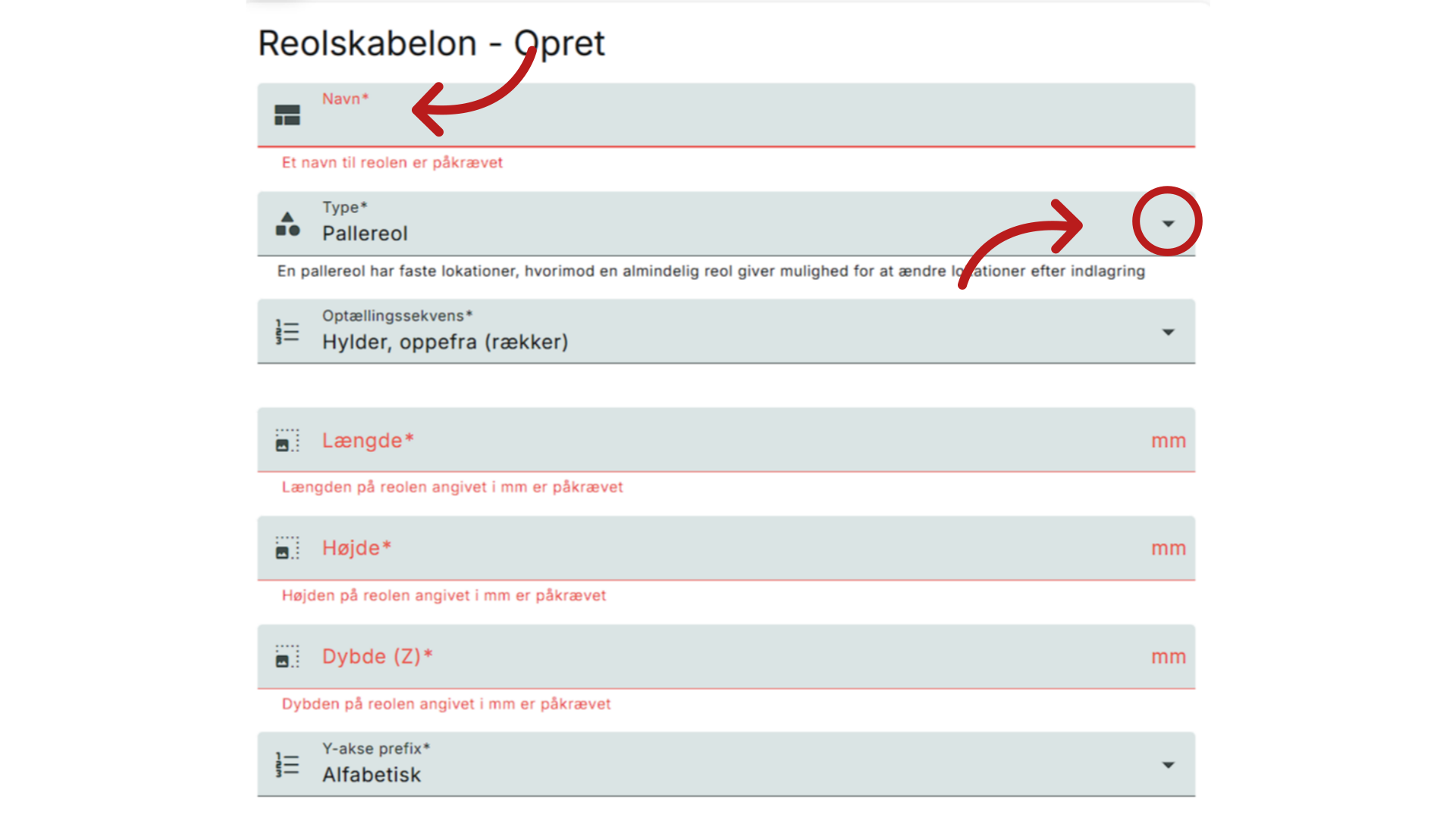 Indtast navn og vælg pallereol