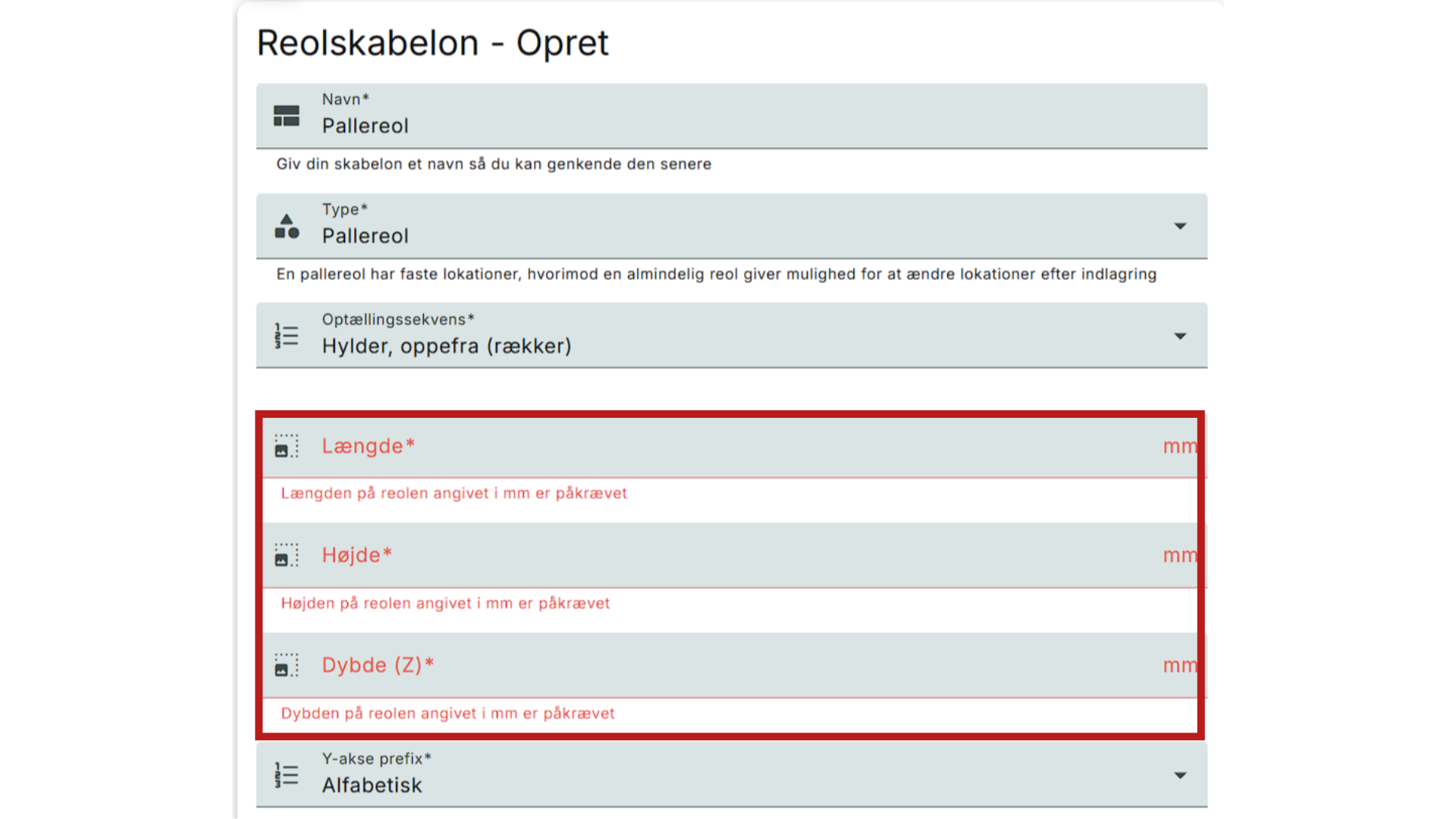 Udfyld Længde, højde og dybde