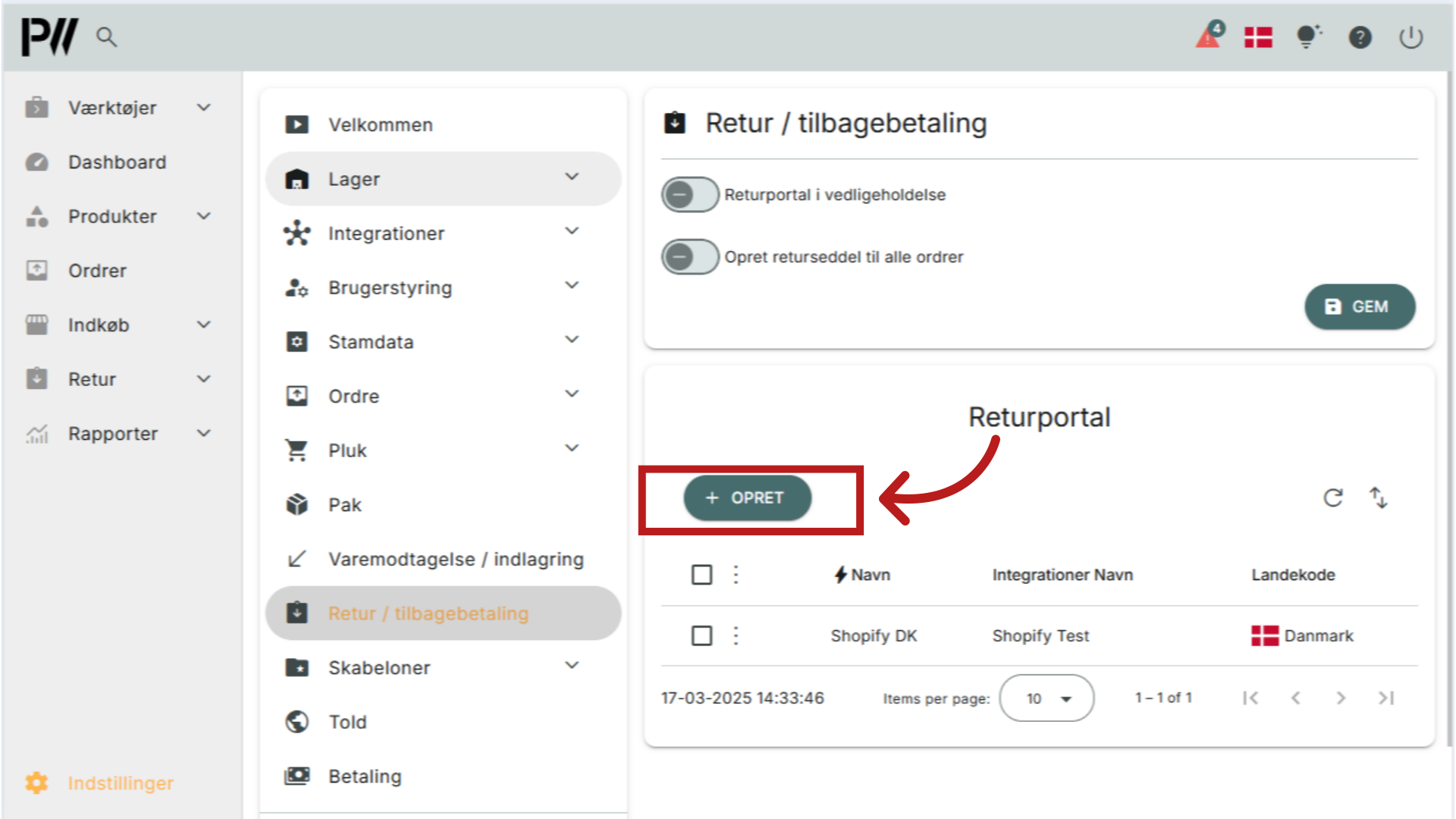 Opsætning af returportal 