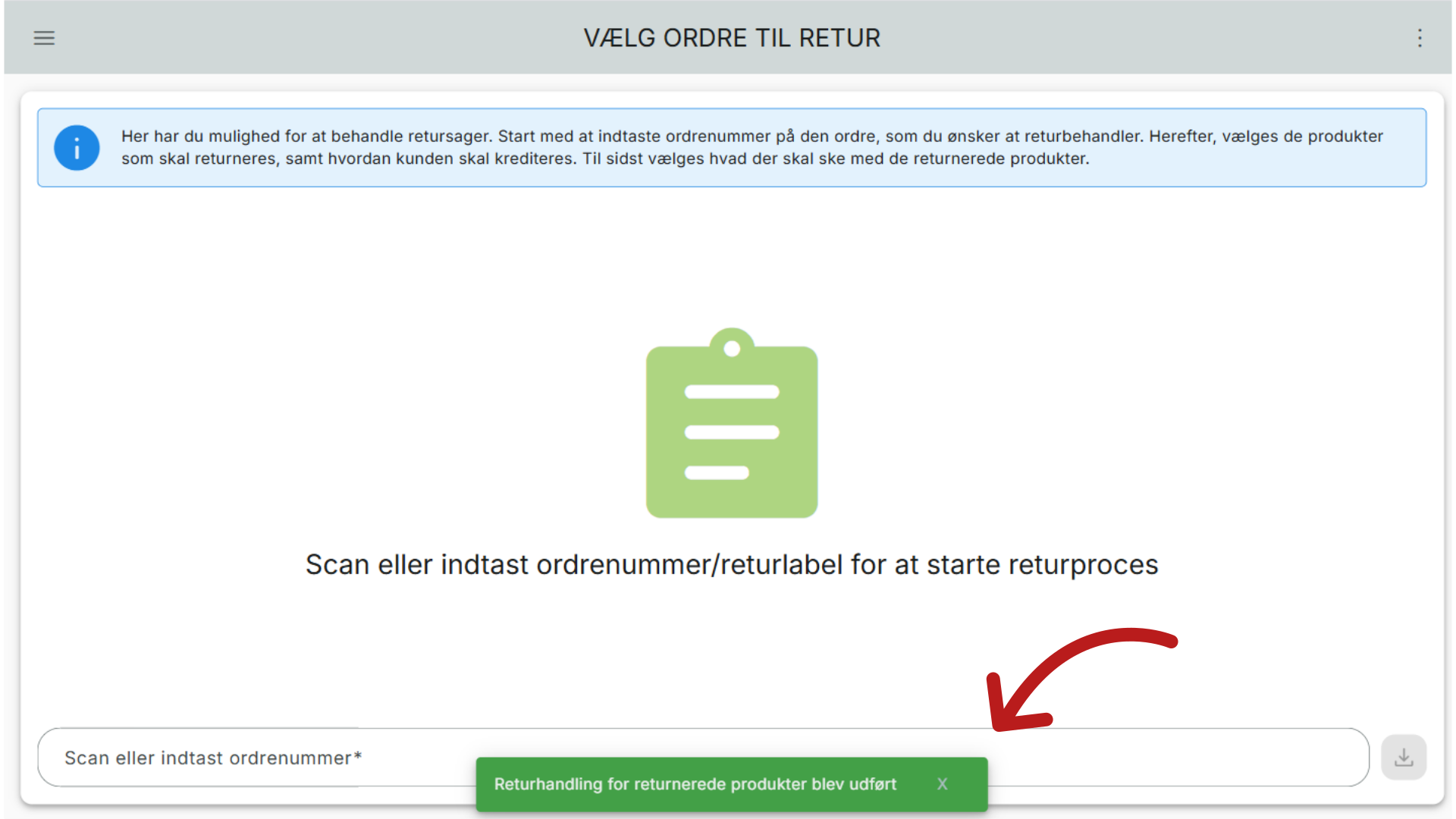 Retur handling udført