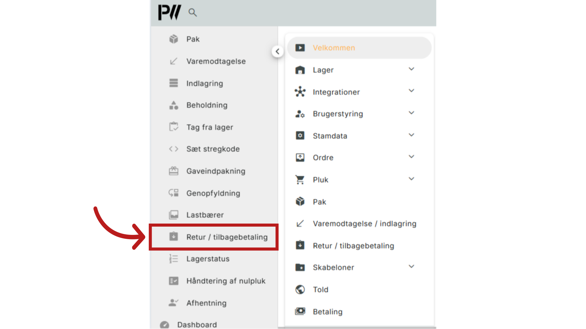 Vælg Retur/Tilbagebetaling
