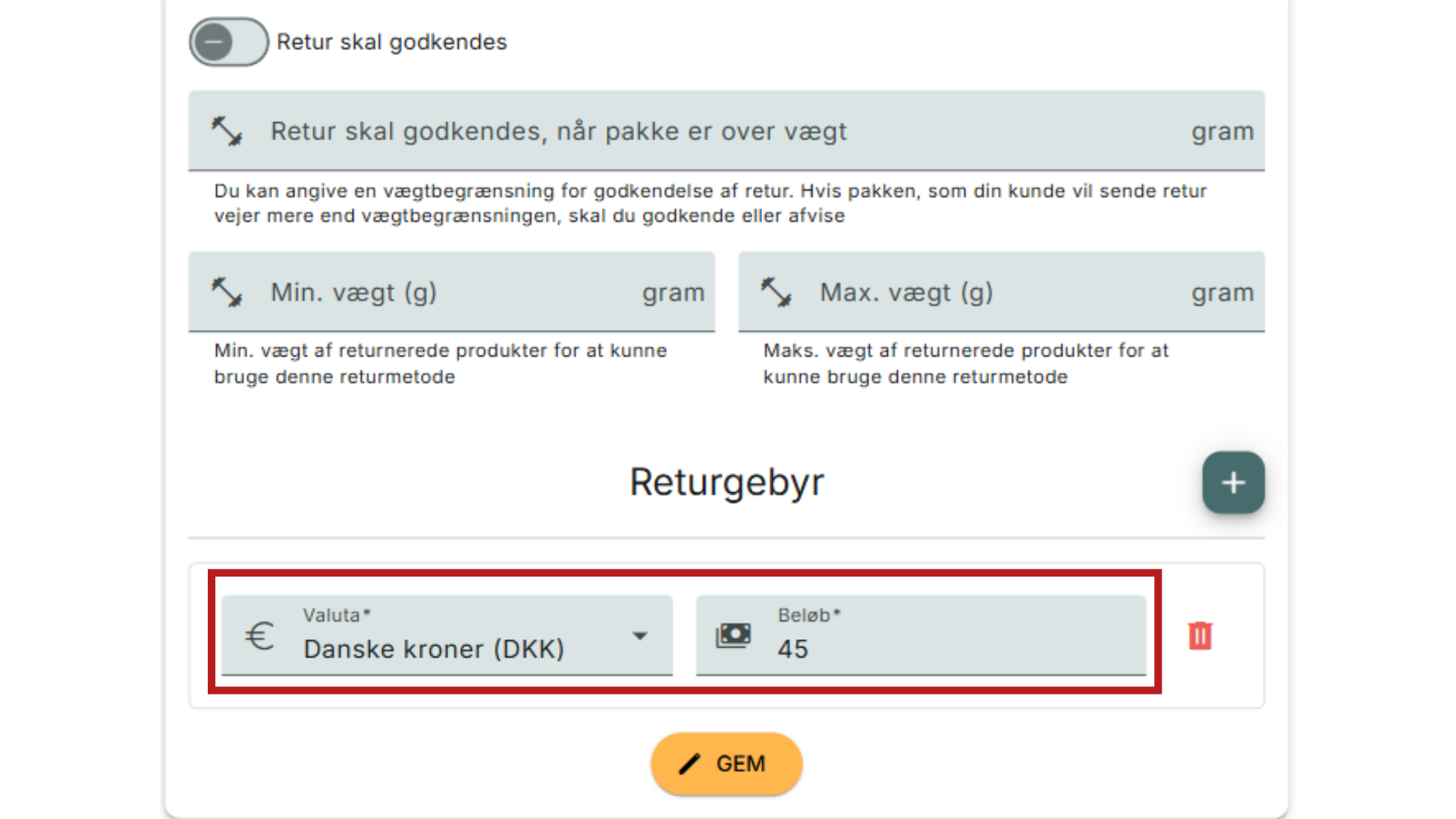 Angiv valuta og beløb 