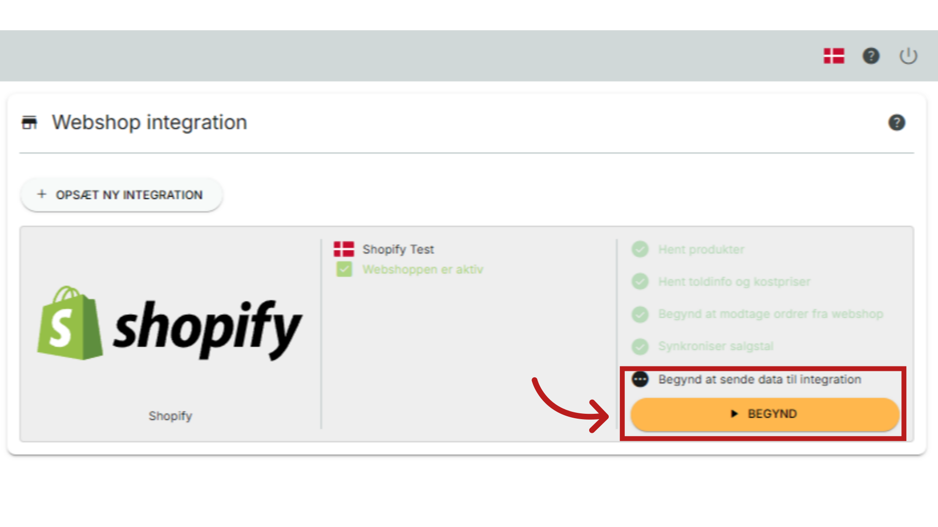 Begynd at sende data til integrationen