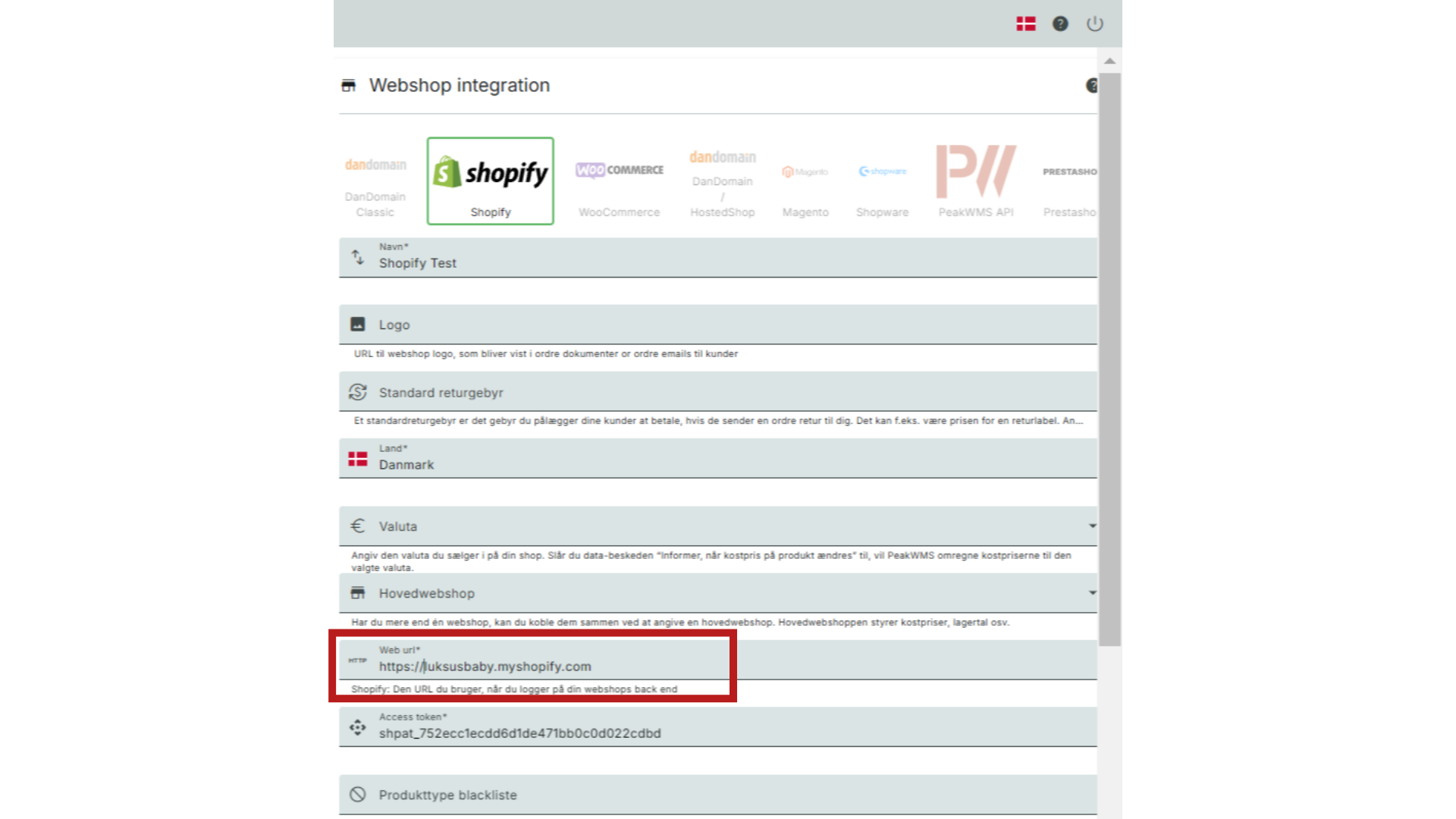 Skriv webshoppens URL