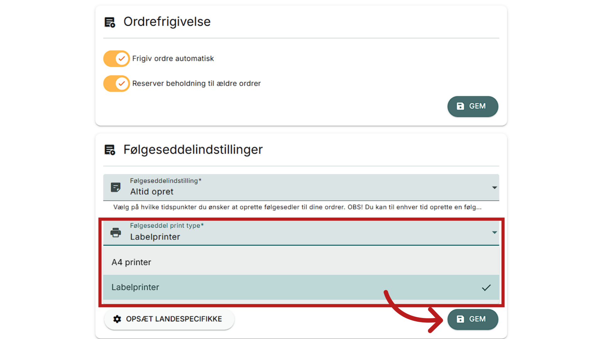 Vælg indstillinger for følgeseddel print type