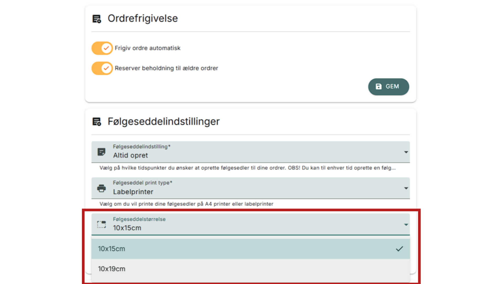 Vælg str på labels (Hvis labelprinter er valgt)
