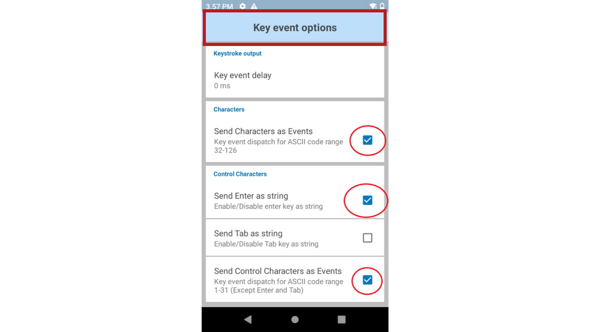 Vælg 'Key event options”