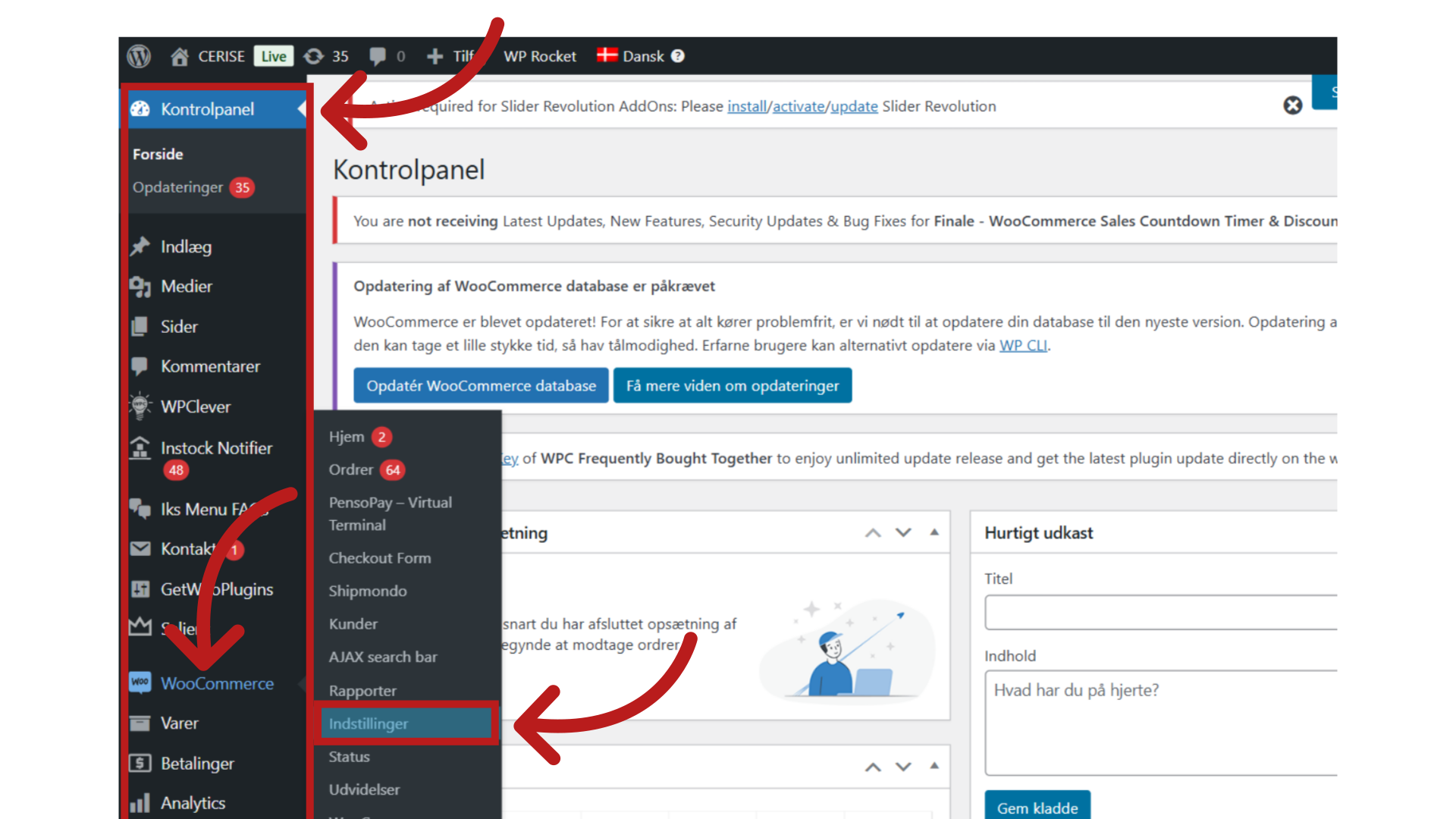 Klik på 'Woocommerce' > 'Indstillinger'