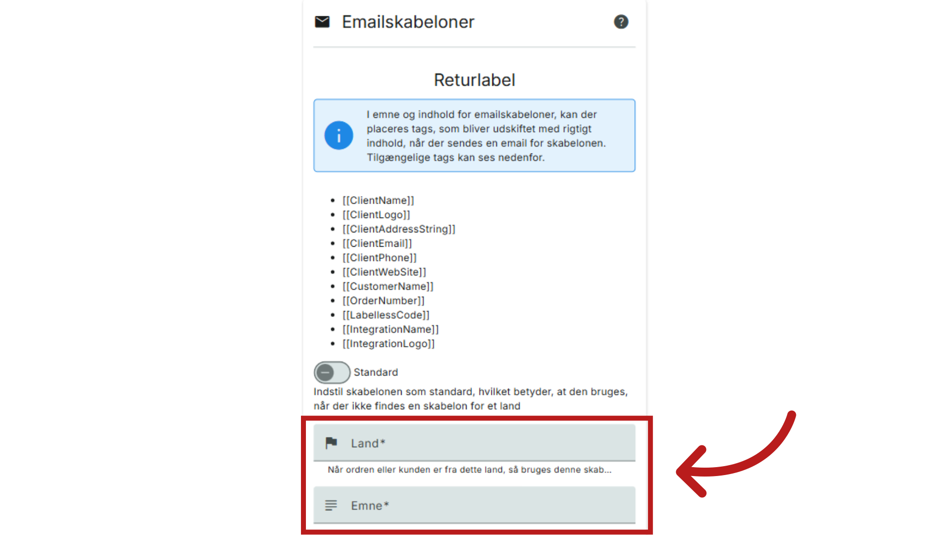 Indstil Land og Emne