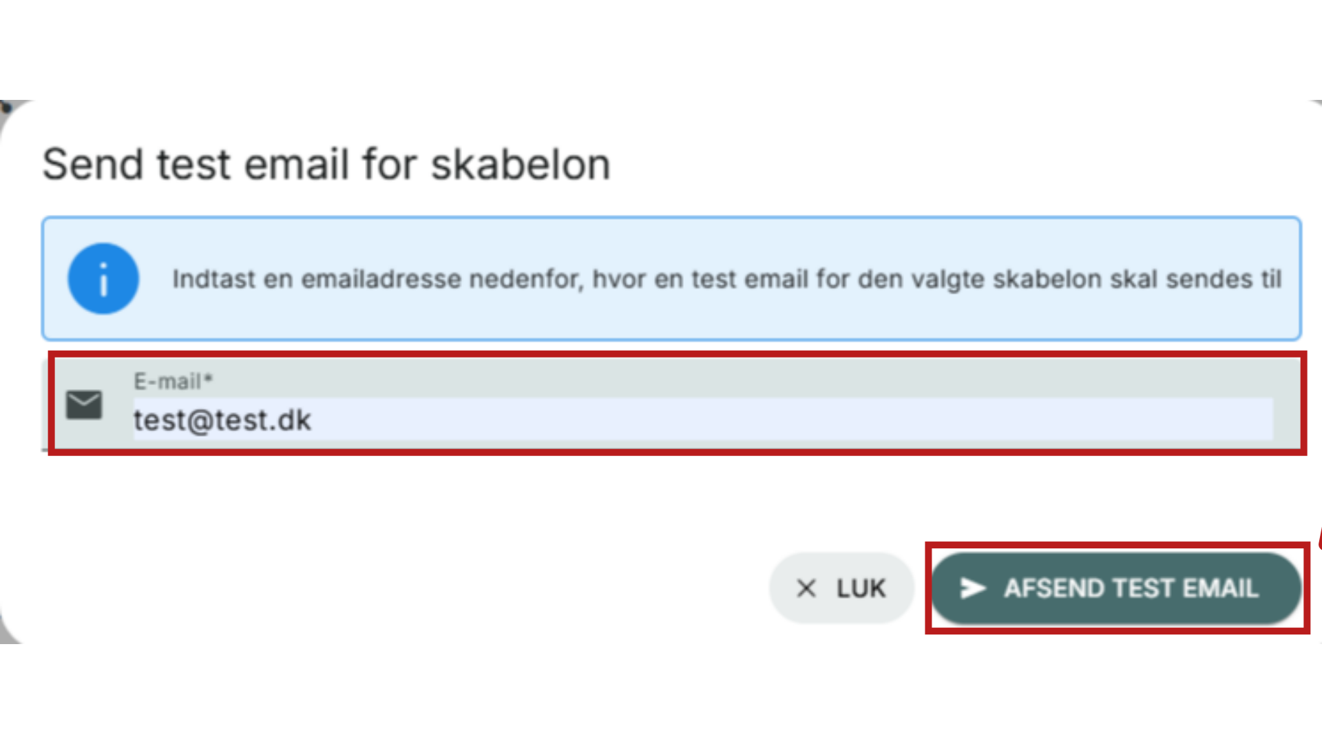 Indsæt testmail og afsend