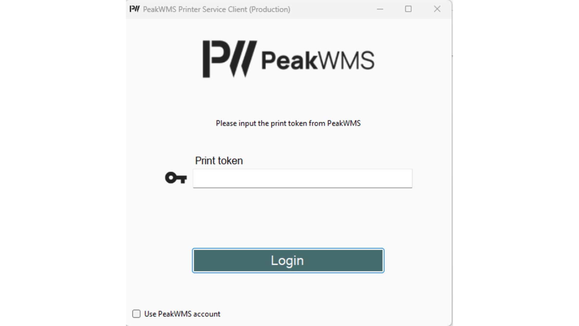 Angiv Printer Token eller PeakWMS log in