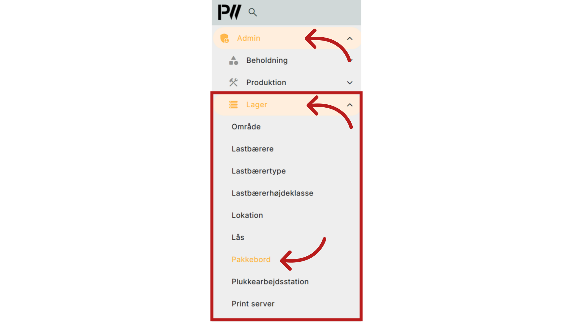 Metode 1: Gå til Admin > Lager > Pakkebord