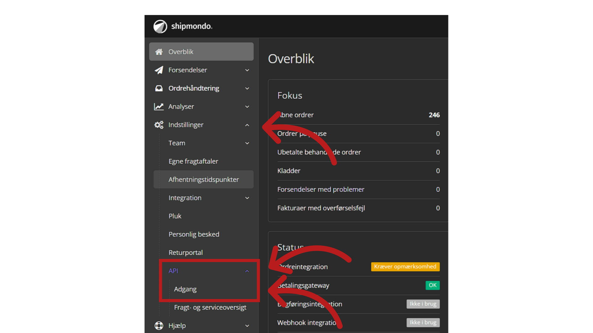 Log ind i Shipmondo, gå til API Adgang