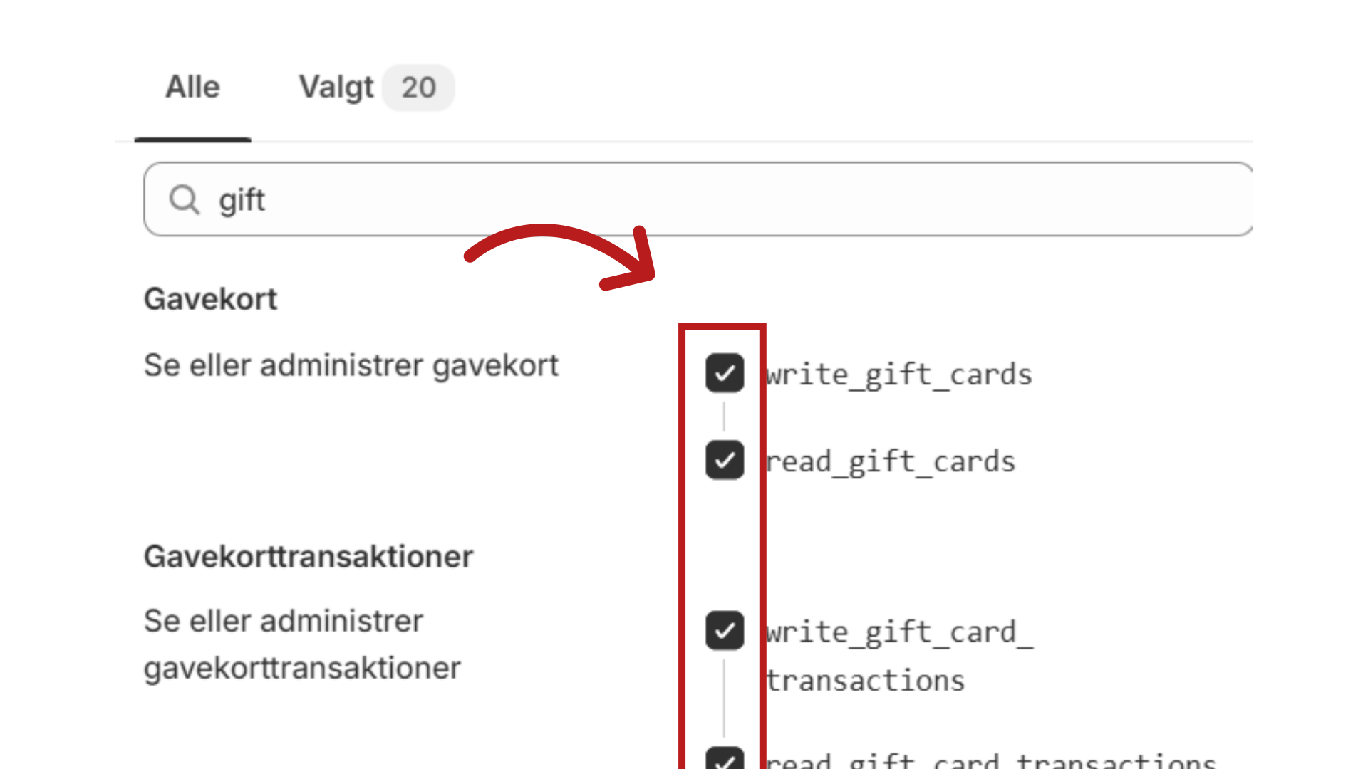 Tildel 'Read and Write' til alle typer gift-cards