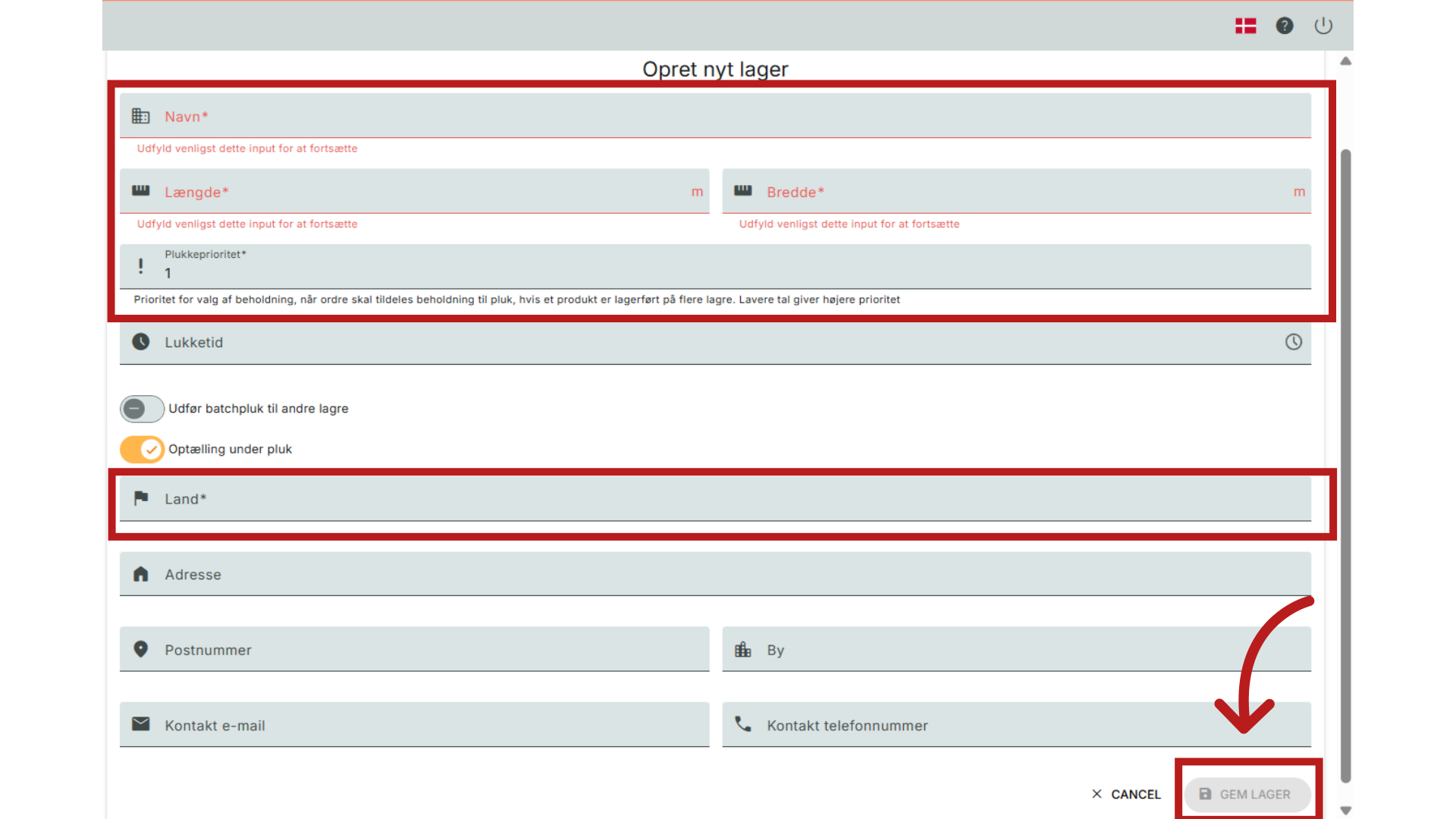 Indtast oplysninger for lager