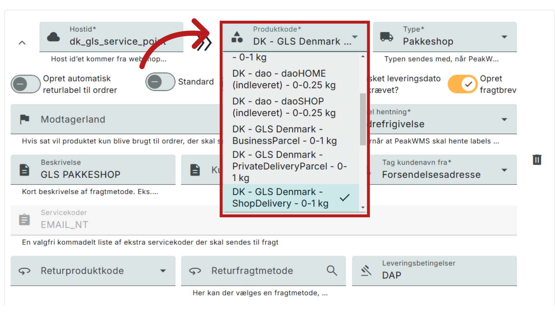 Udfyld produktkode