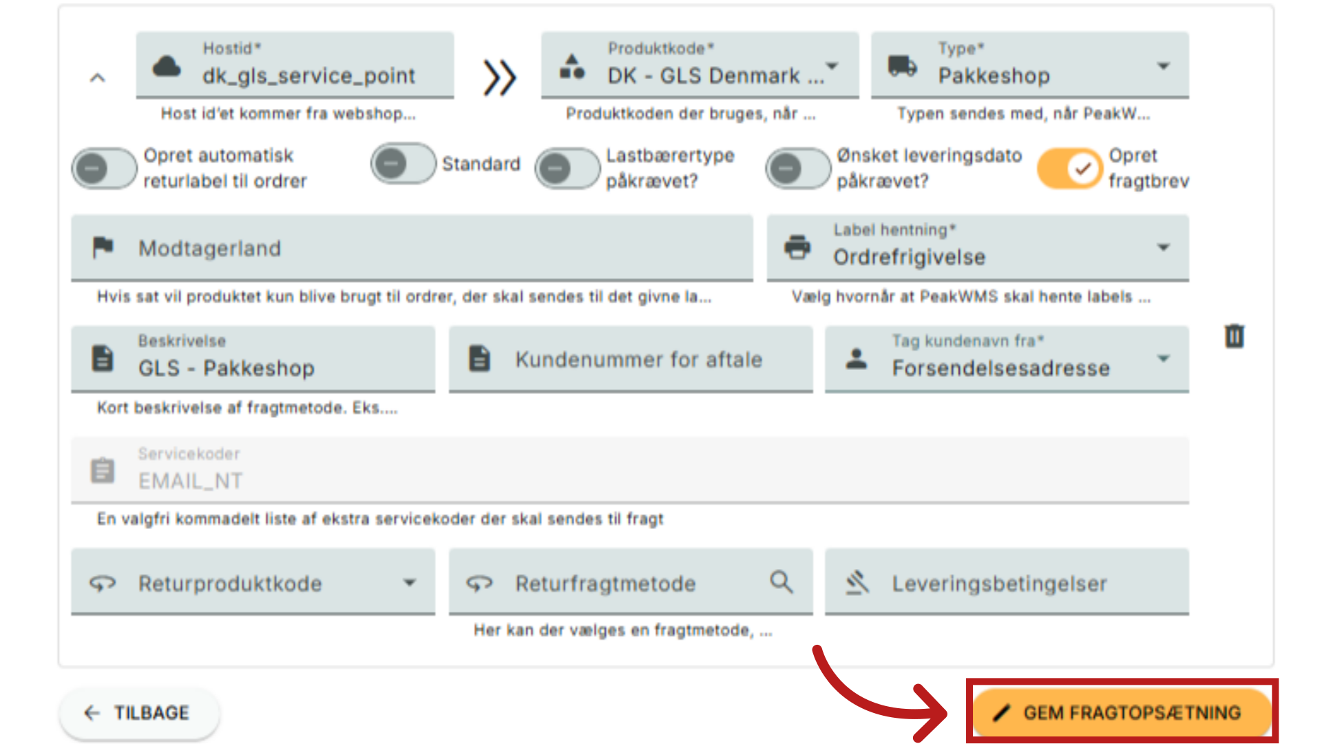 Gem fragtopsætning