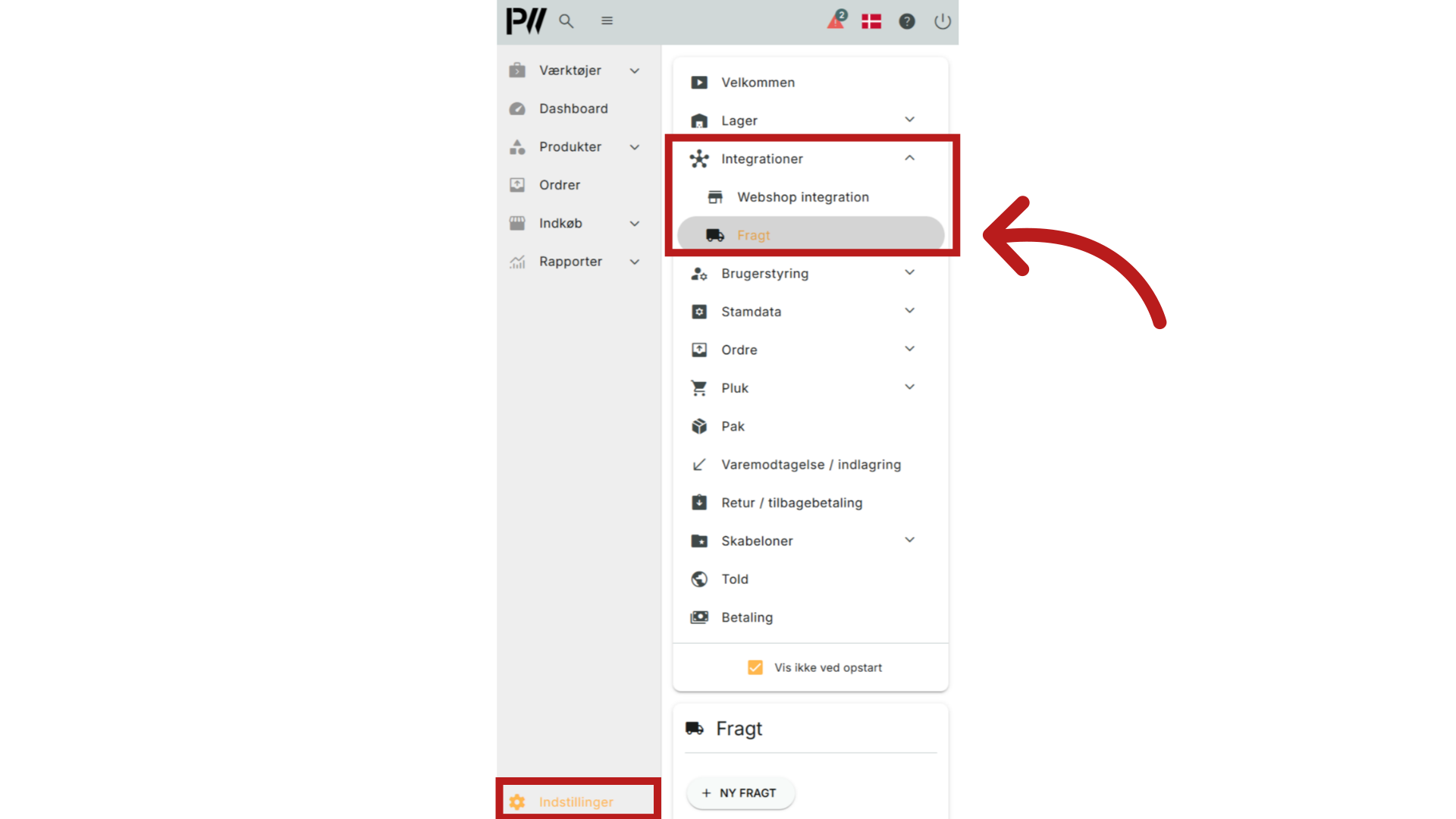 Tilgå PeakWMS og klik på Indstillinger > Integrationer > Fragt
