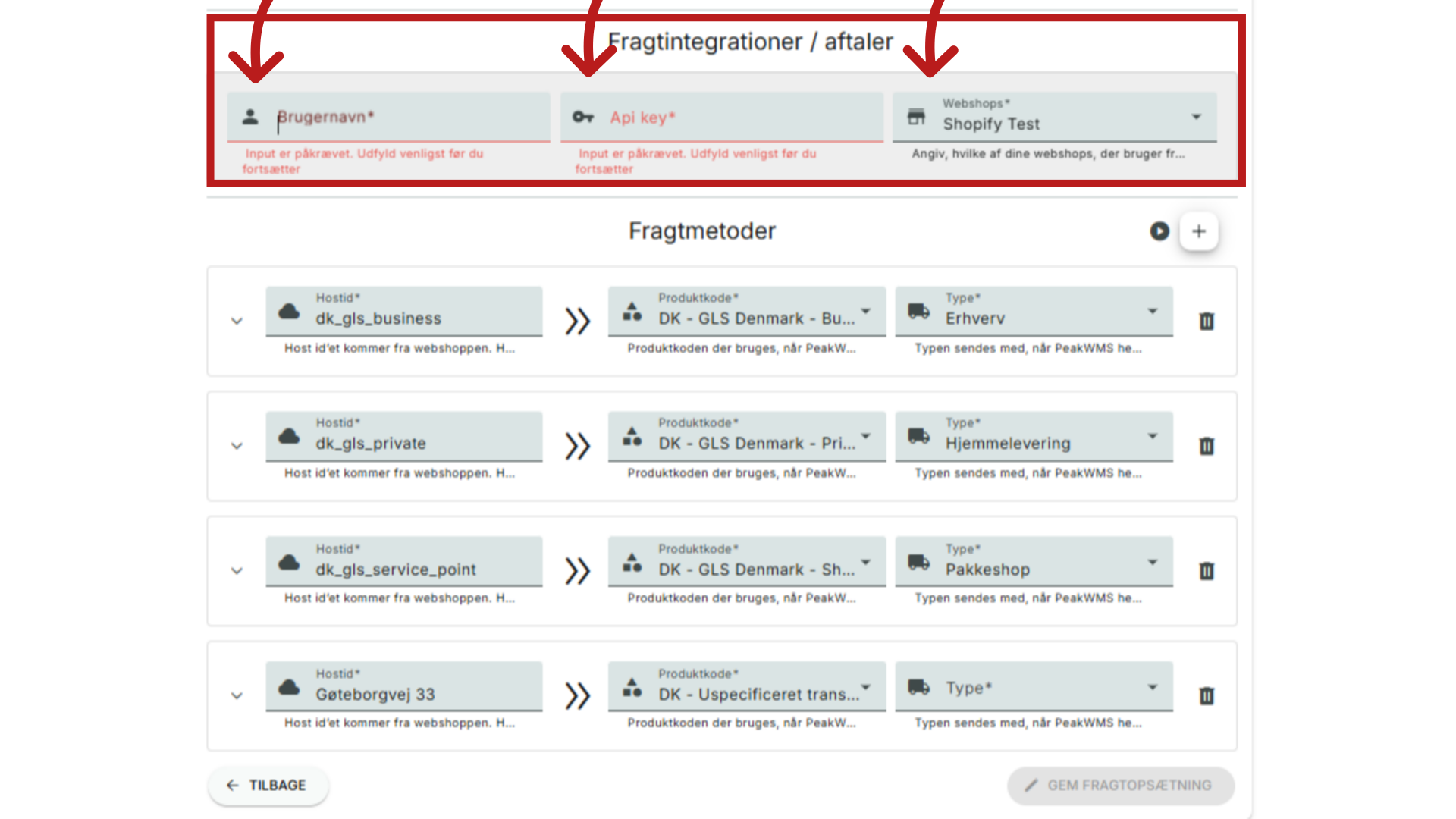 Angiv Brugernavn, API nøgle og webshop
