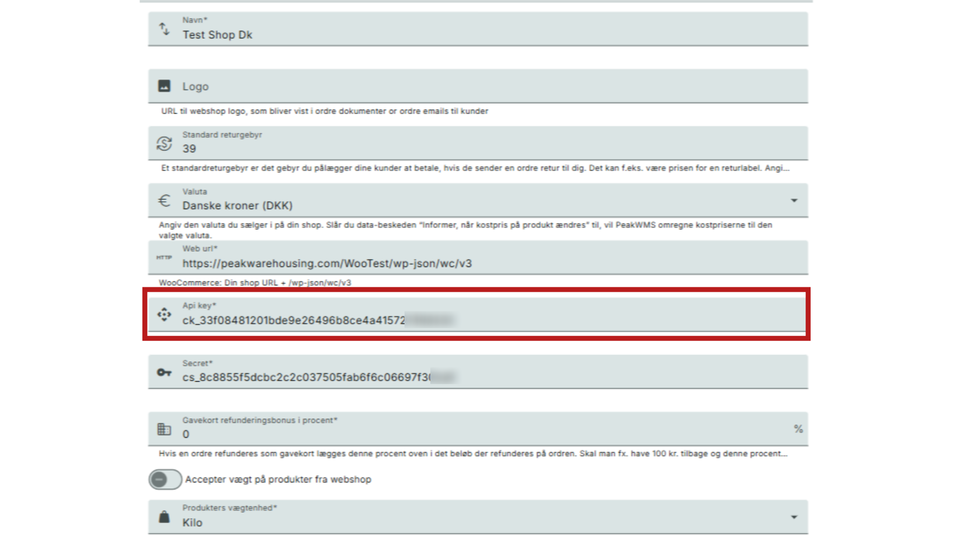 Indsæt API key