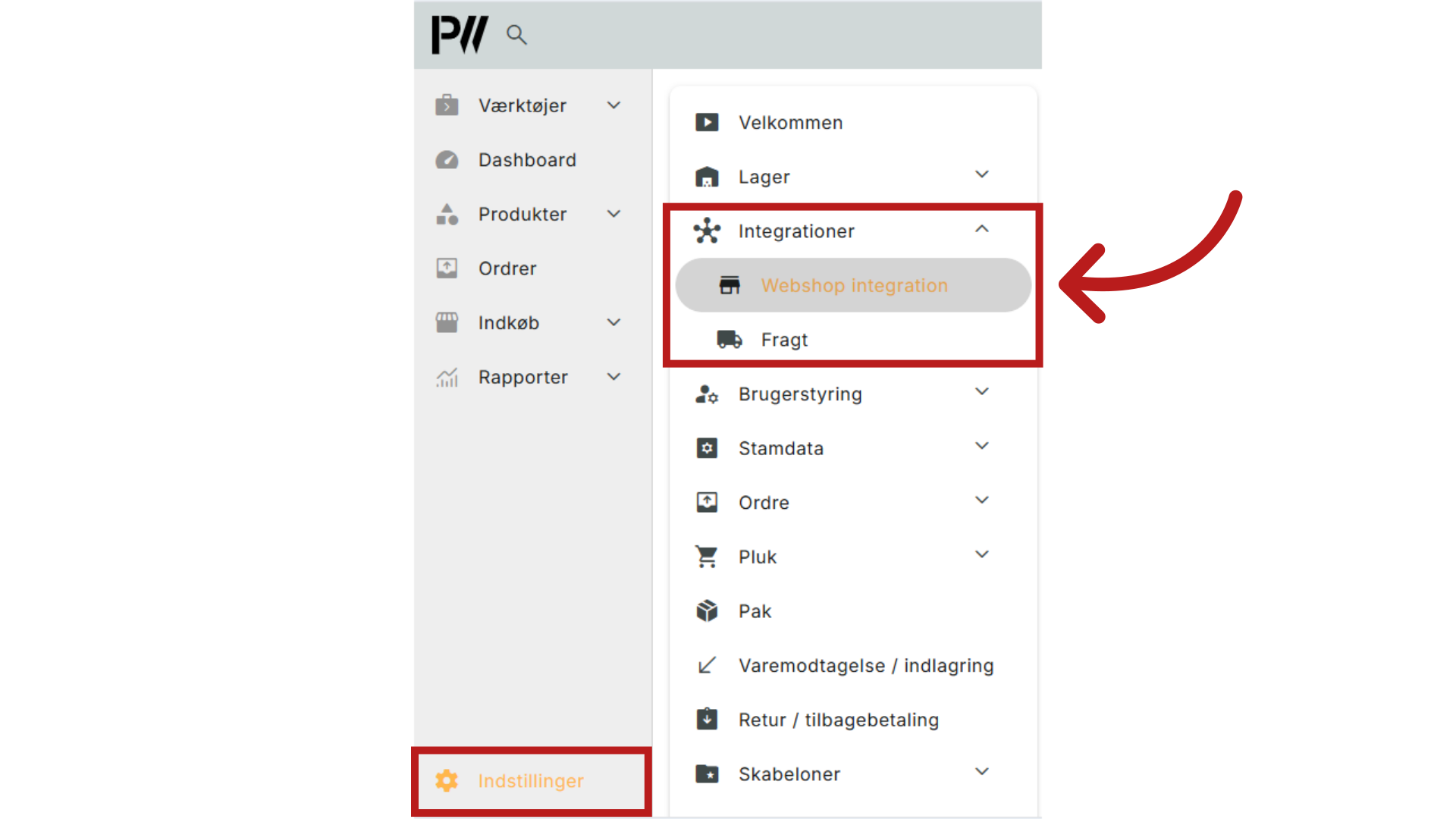 Gå til Indstillinger > Integrationer > Webshop Integration
