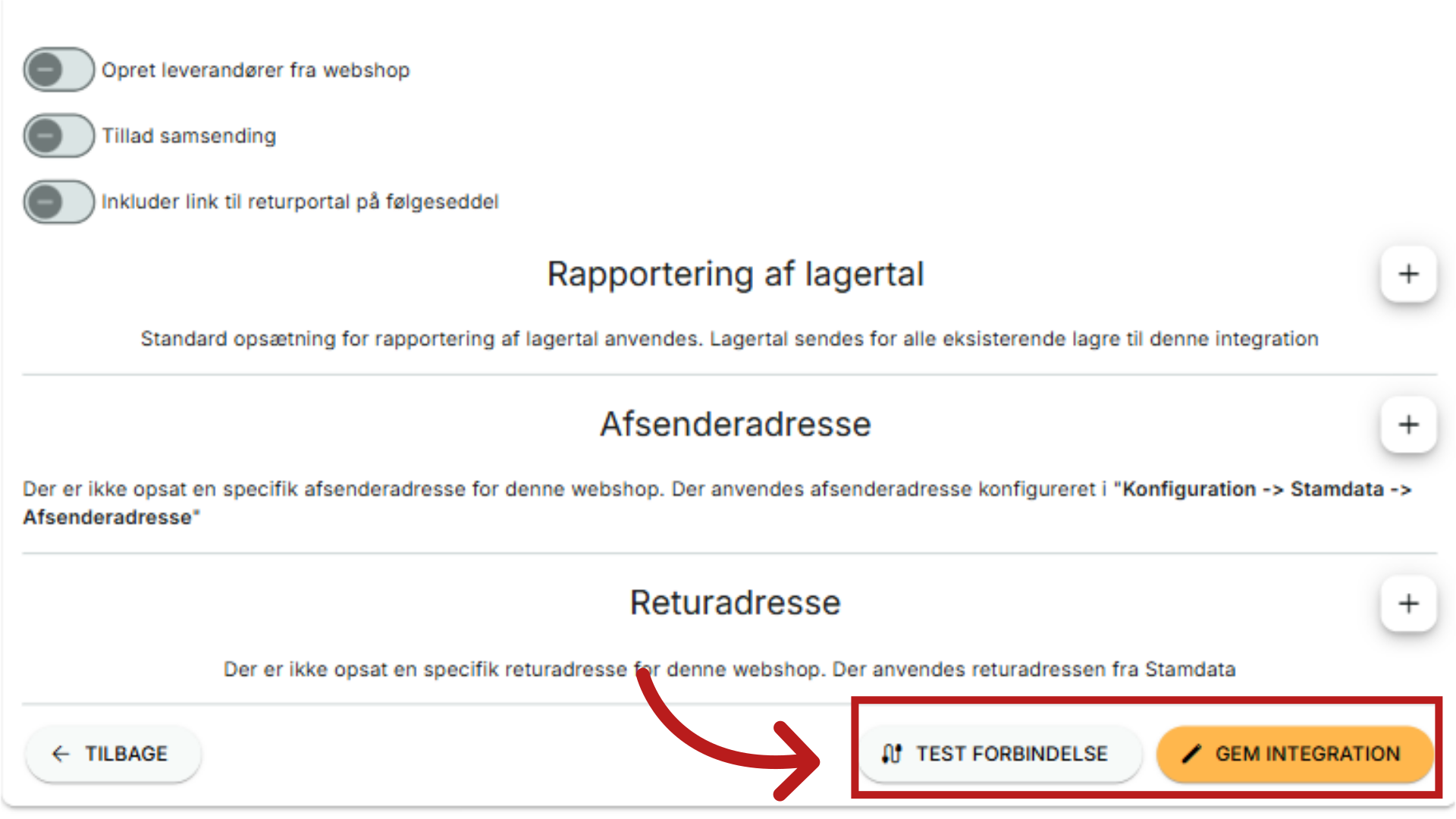 Klik på 'TEST FORBINDELSE'