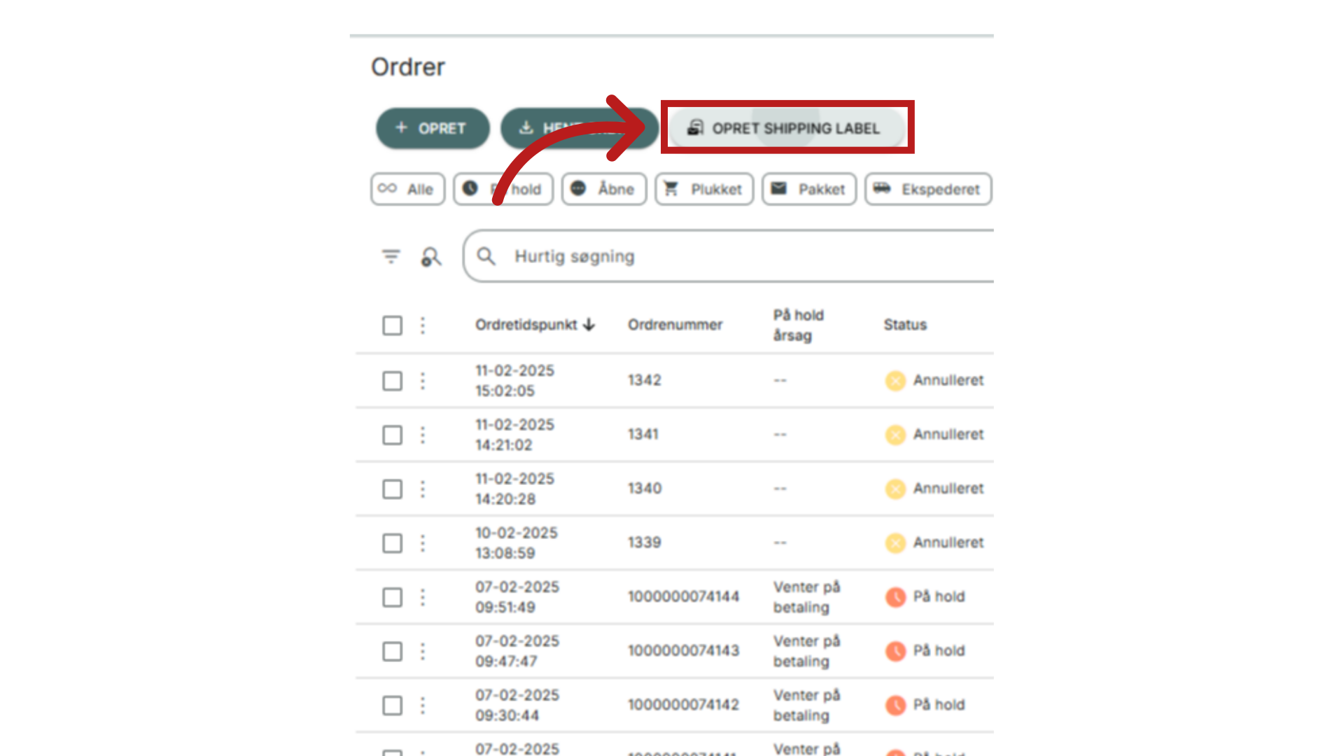 Klik 'OPRET SHIPPING LABEL'
