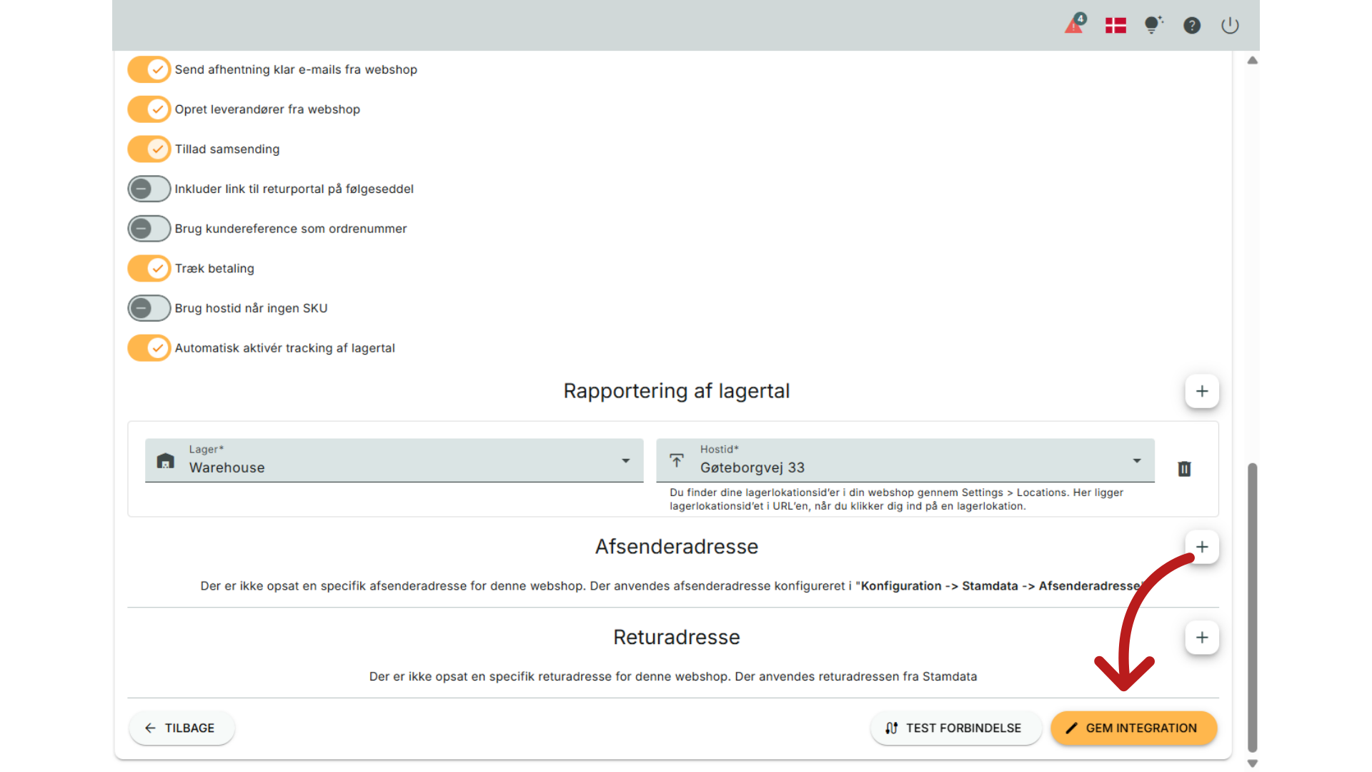 Klik 'Gem integration'