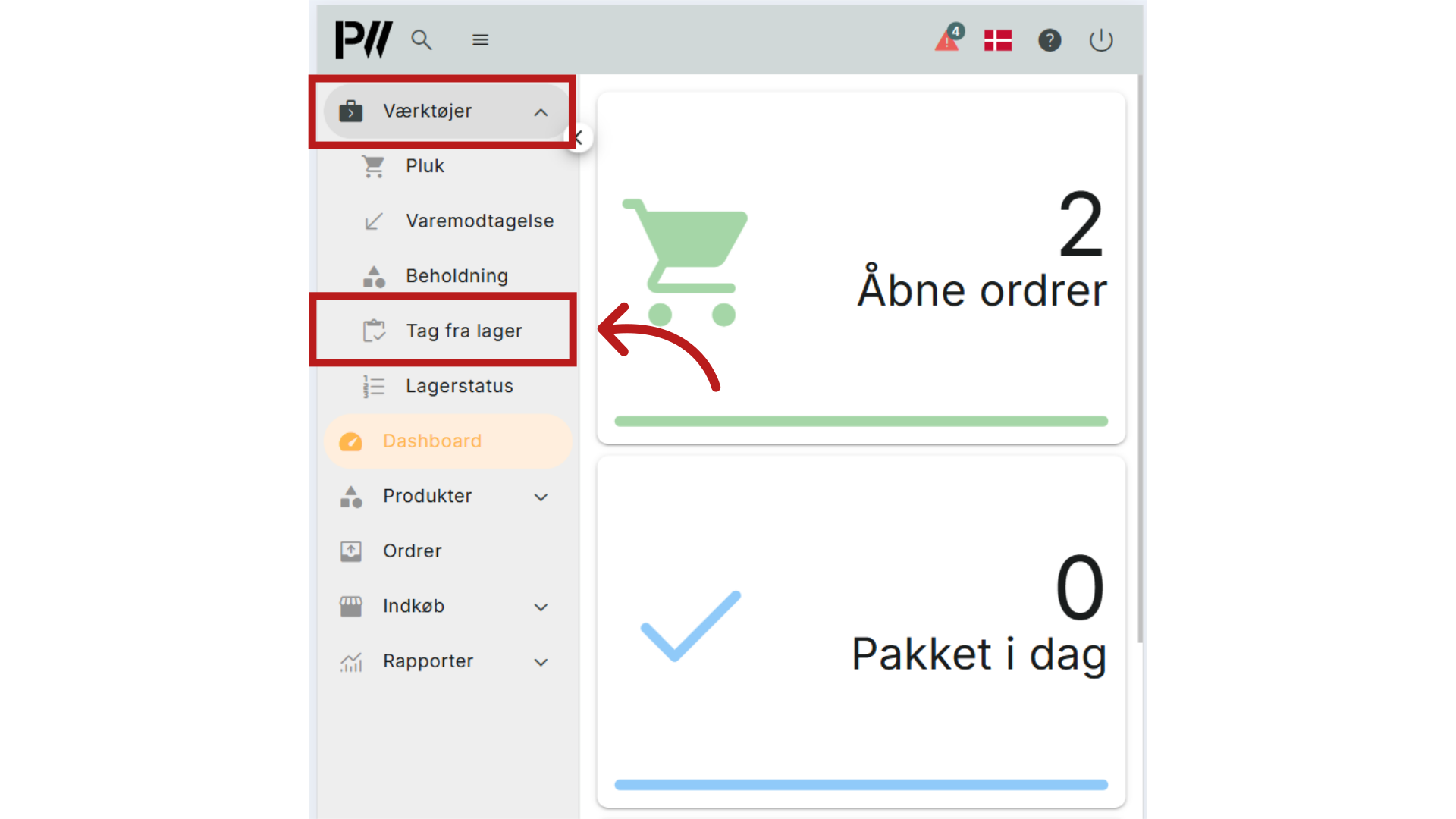 Tilgå Værktøjer > Tag fra Lager
