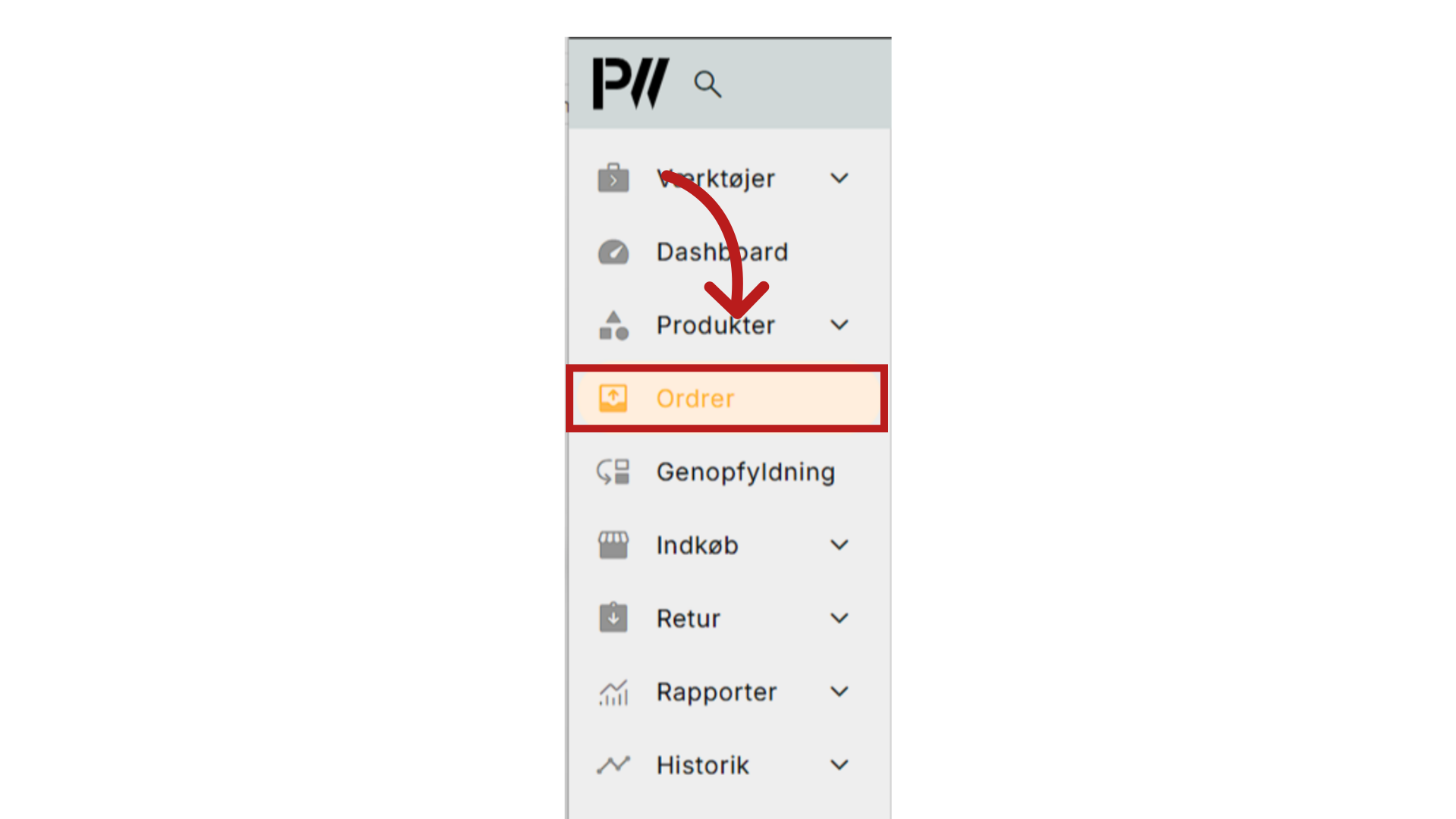 Klik på 'Ordrer'