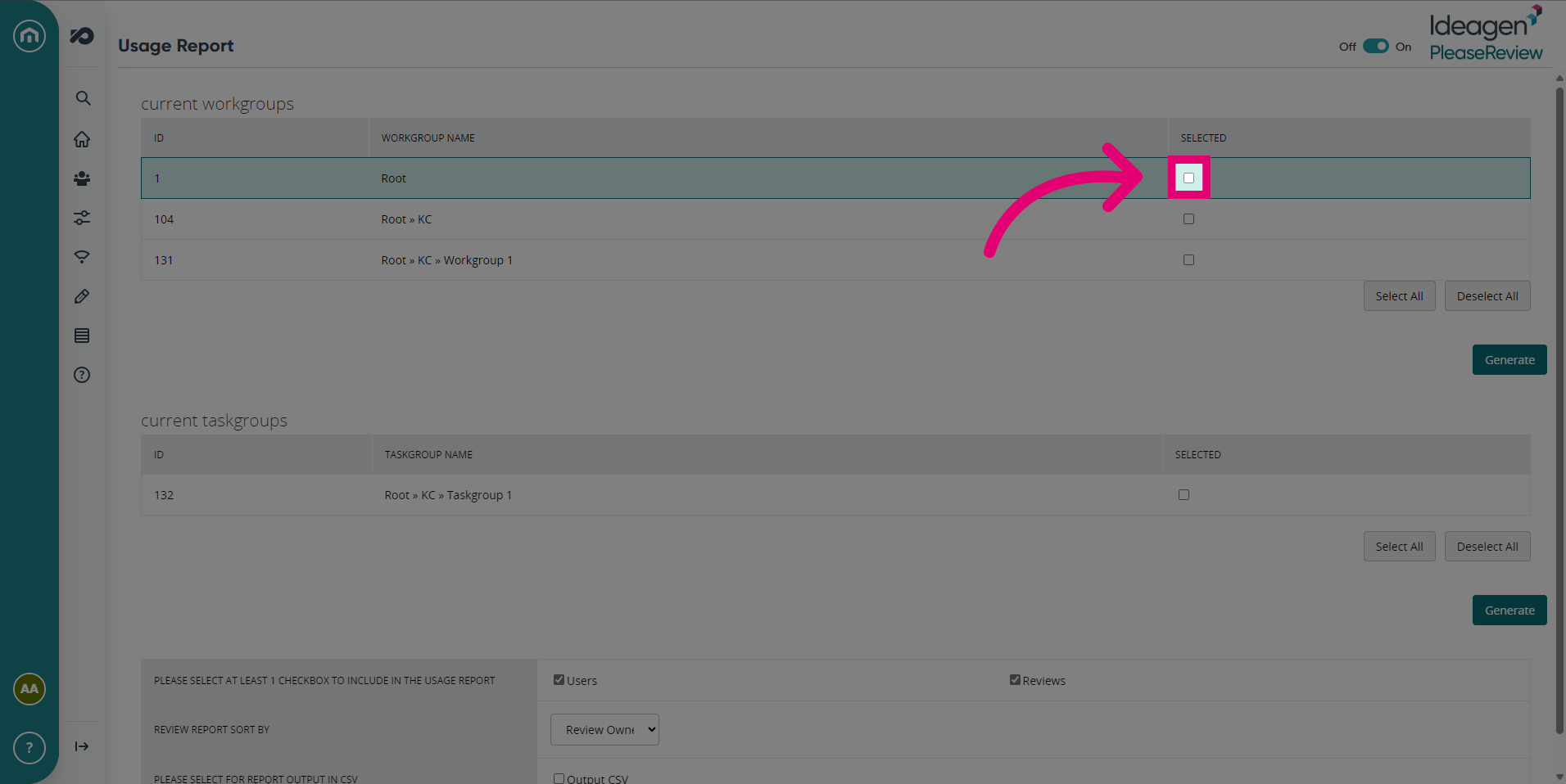 Select a Workgroup or Taskgroup