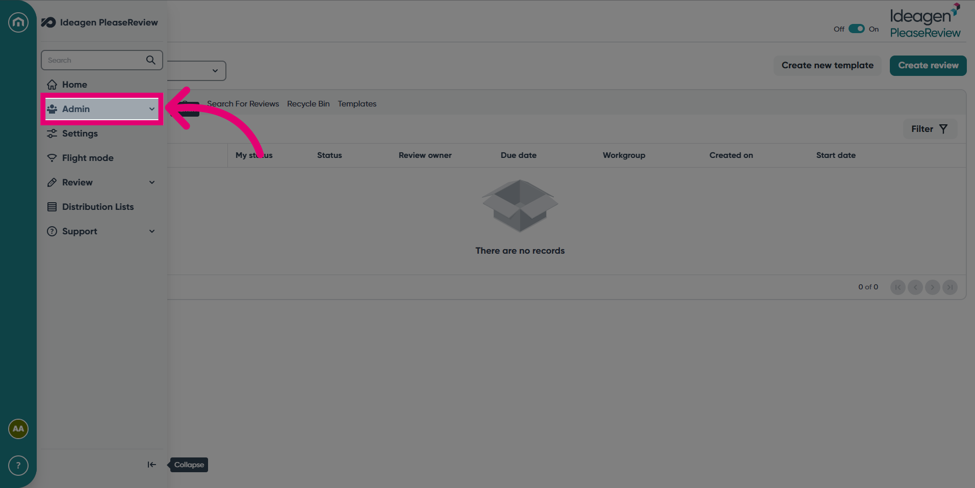Select the Admin tab