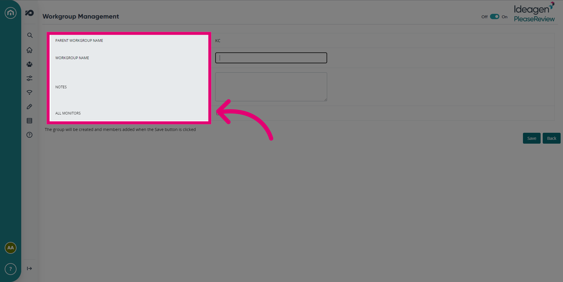 Fill in the Workgroup details