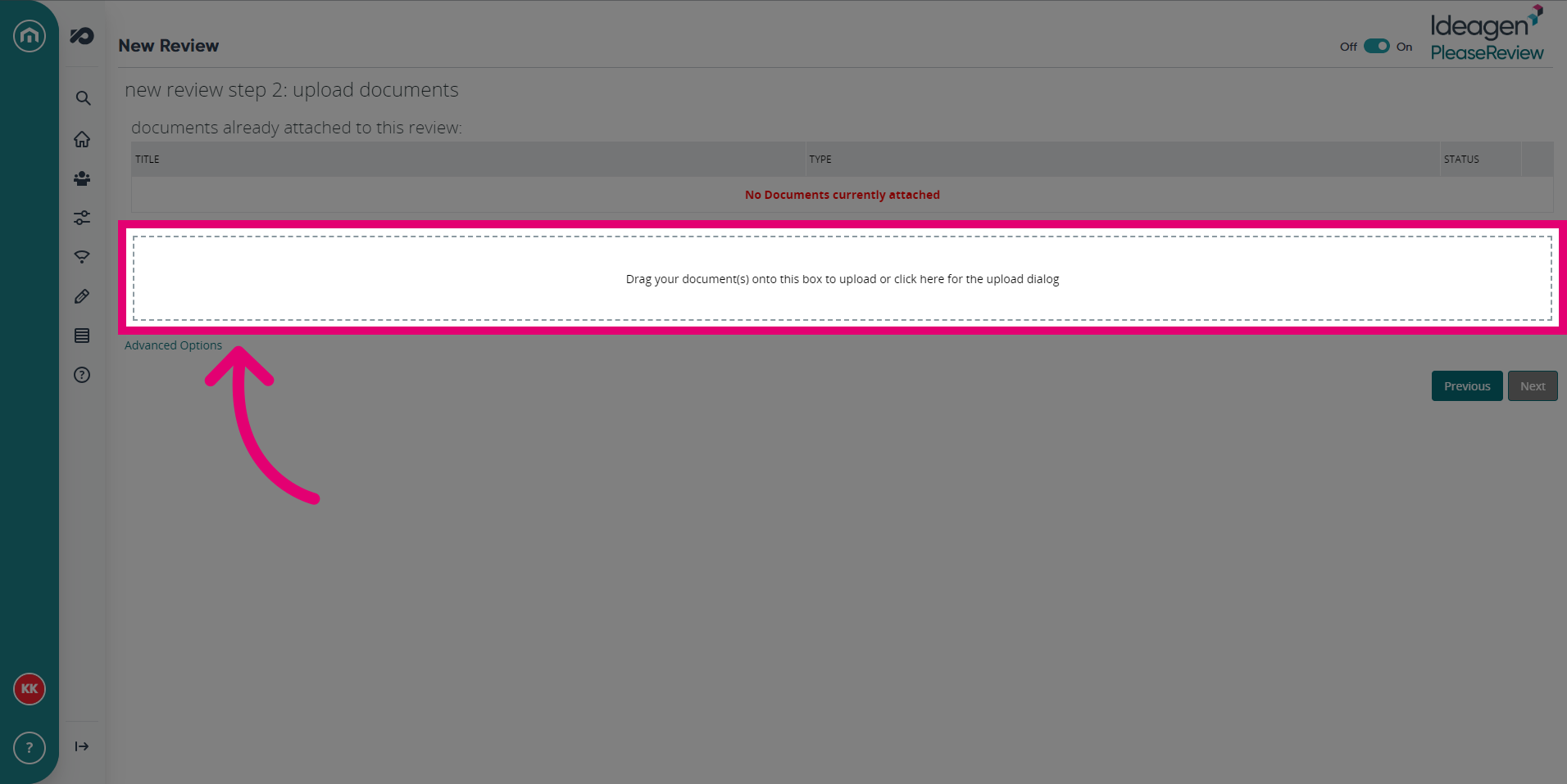 Drag and drop a document into the box, or click for the upload dialog.