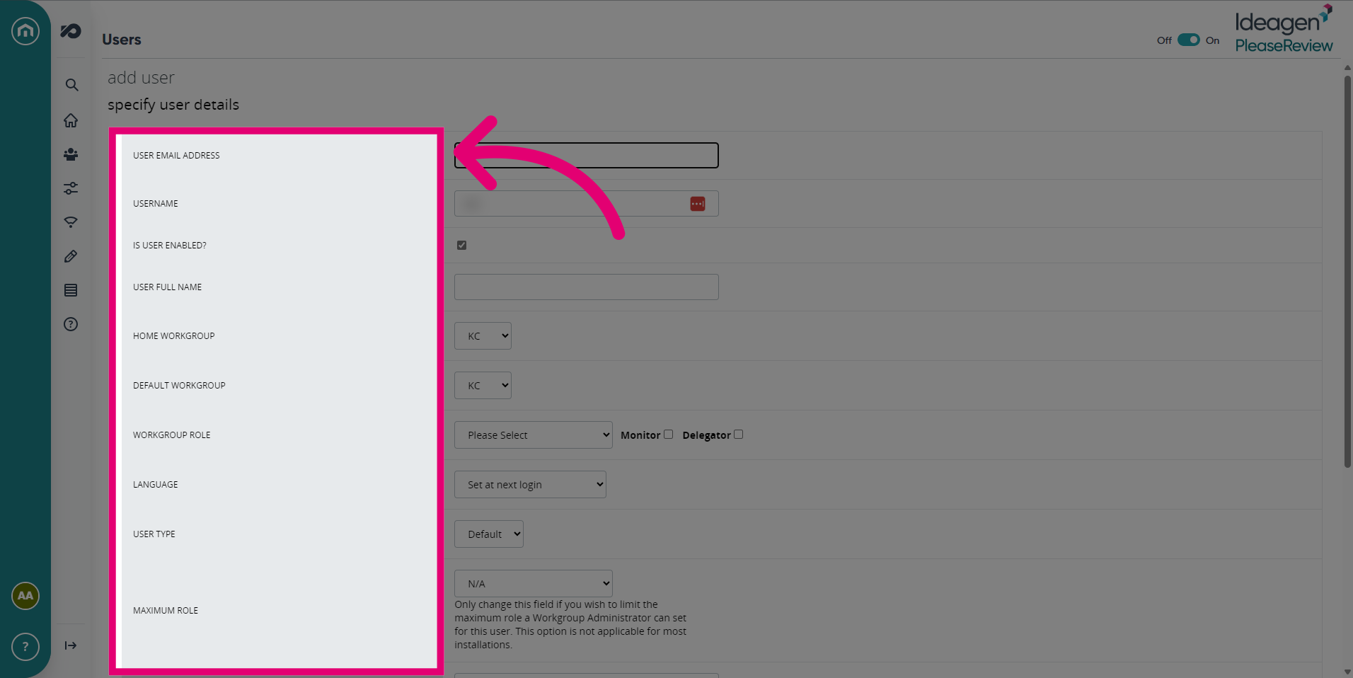 Specify the new users details