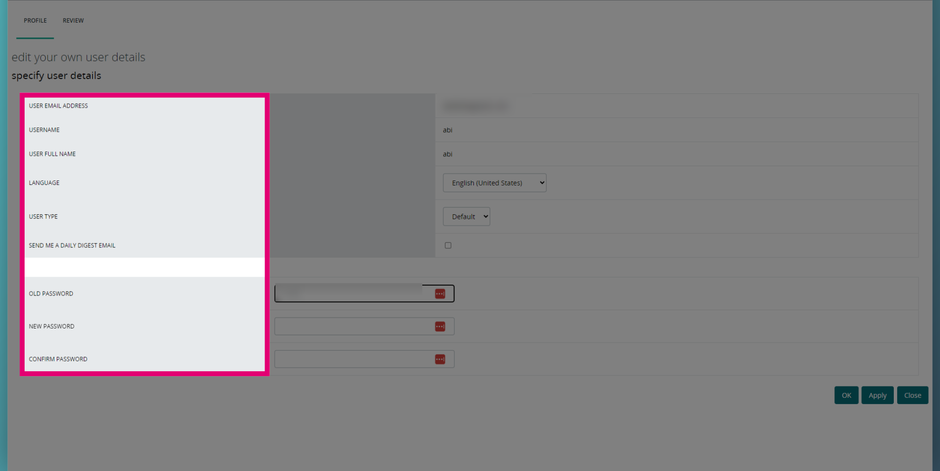 Fill in profile settings