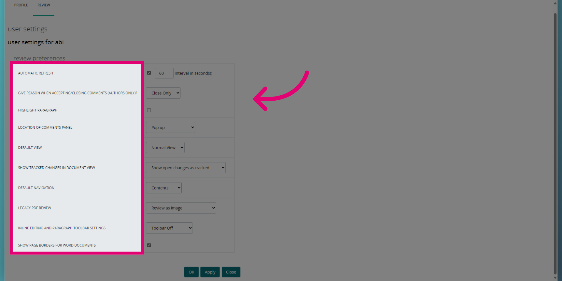 Fill in review User Settings