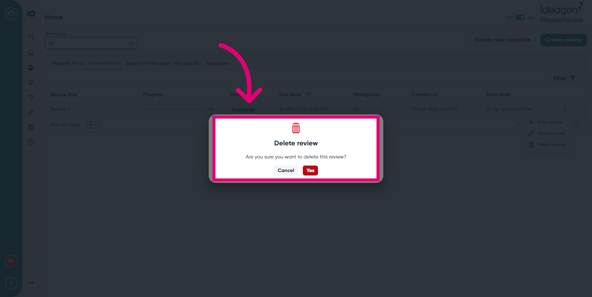 Click 'Yes' to delete the review