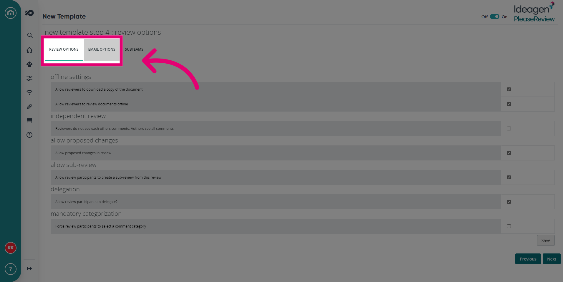 Check review and email options