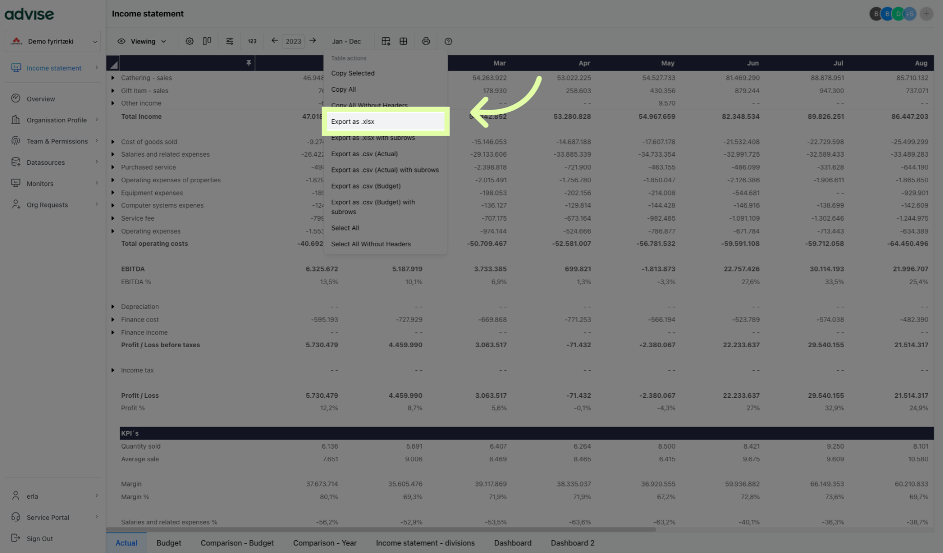 Click 'Export as .xlsx'
