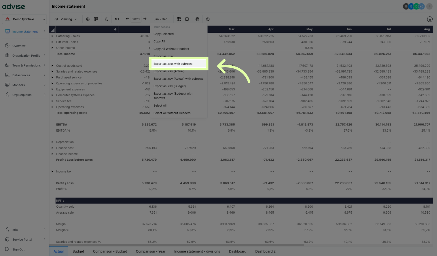 Click 'Export as .xlsx with subrows'
