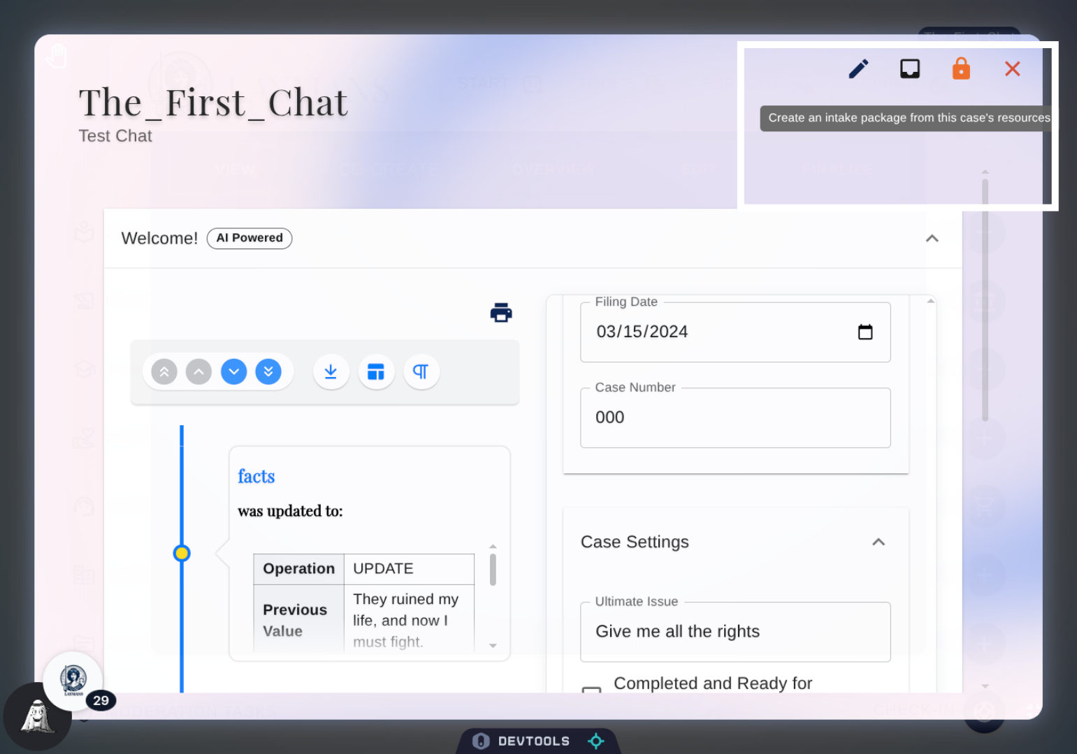 CurrentProjectDetails Toolbar: Quick Create Briefcase