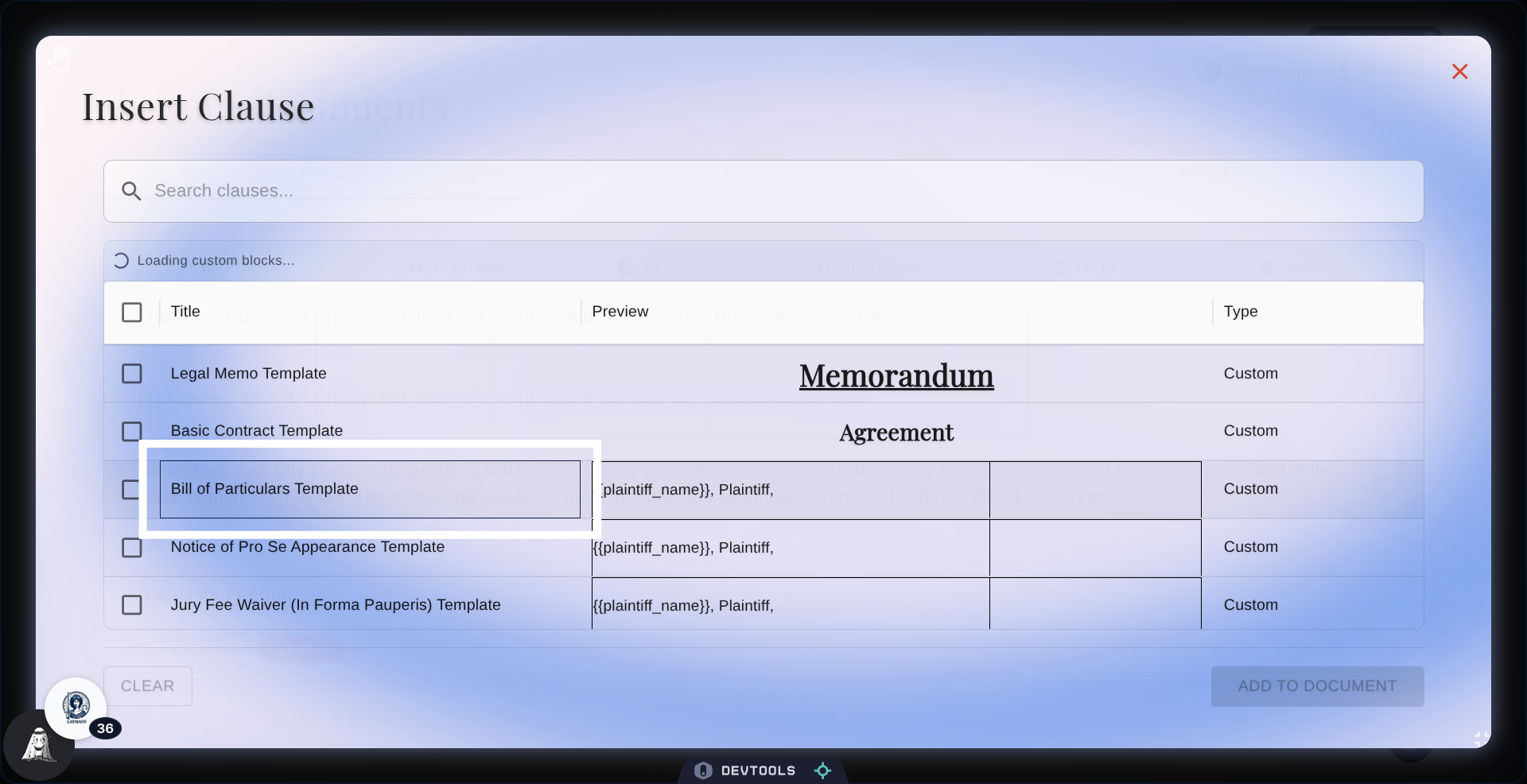 Select Bill of Particulars Template