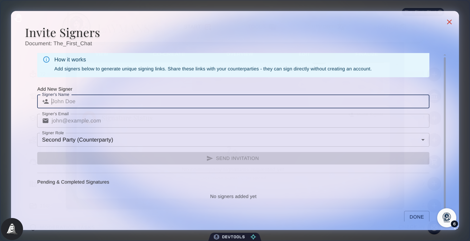 The Invite Signers Dialog