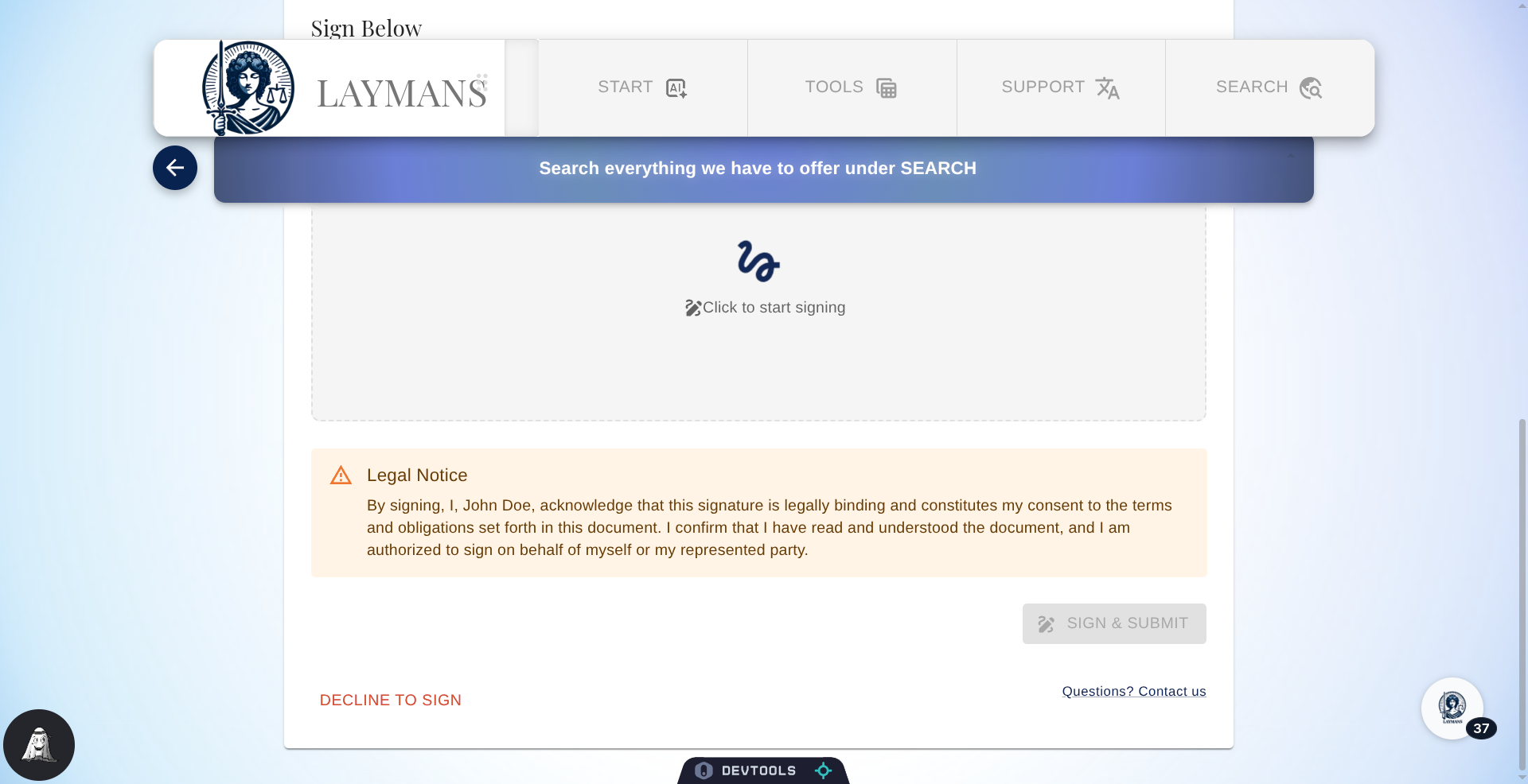 Click Questions, Decline to Sign, or Transfer
