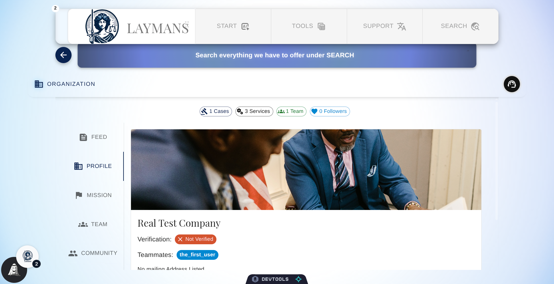 The Profile Section of Organization Dashboard