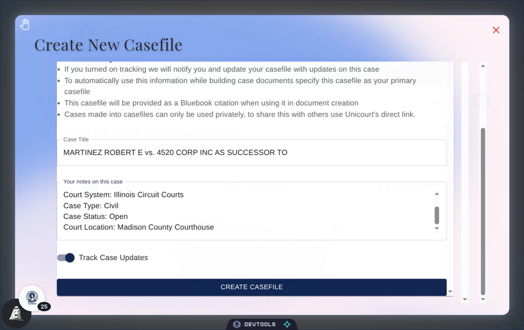 Extending the Court Case Casefile