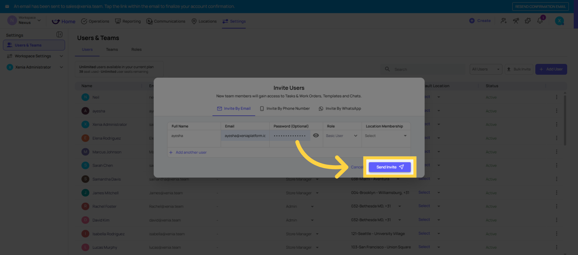 Click Send Invite Button