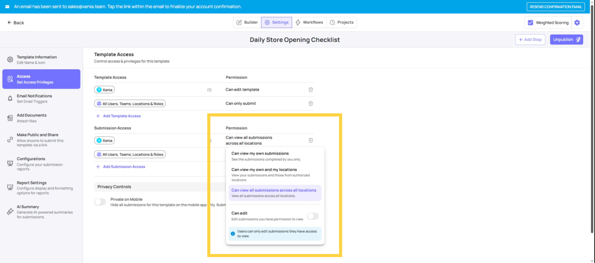 Set Template Submission Access