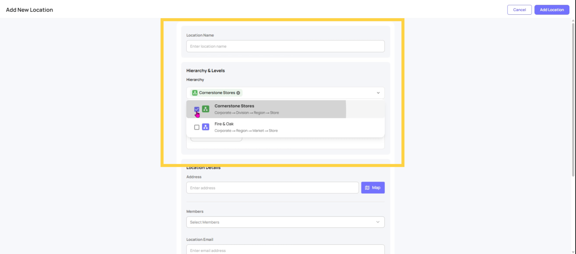 Assign Location To Hierarchy Level